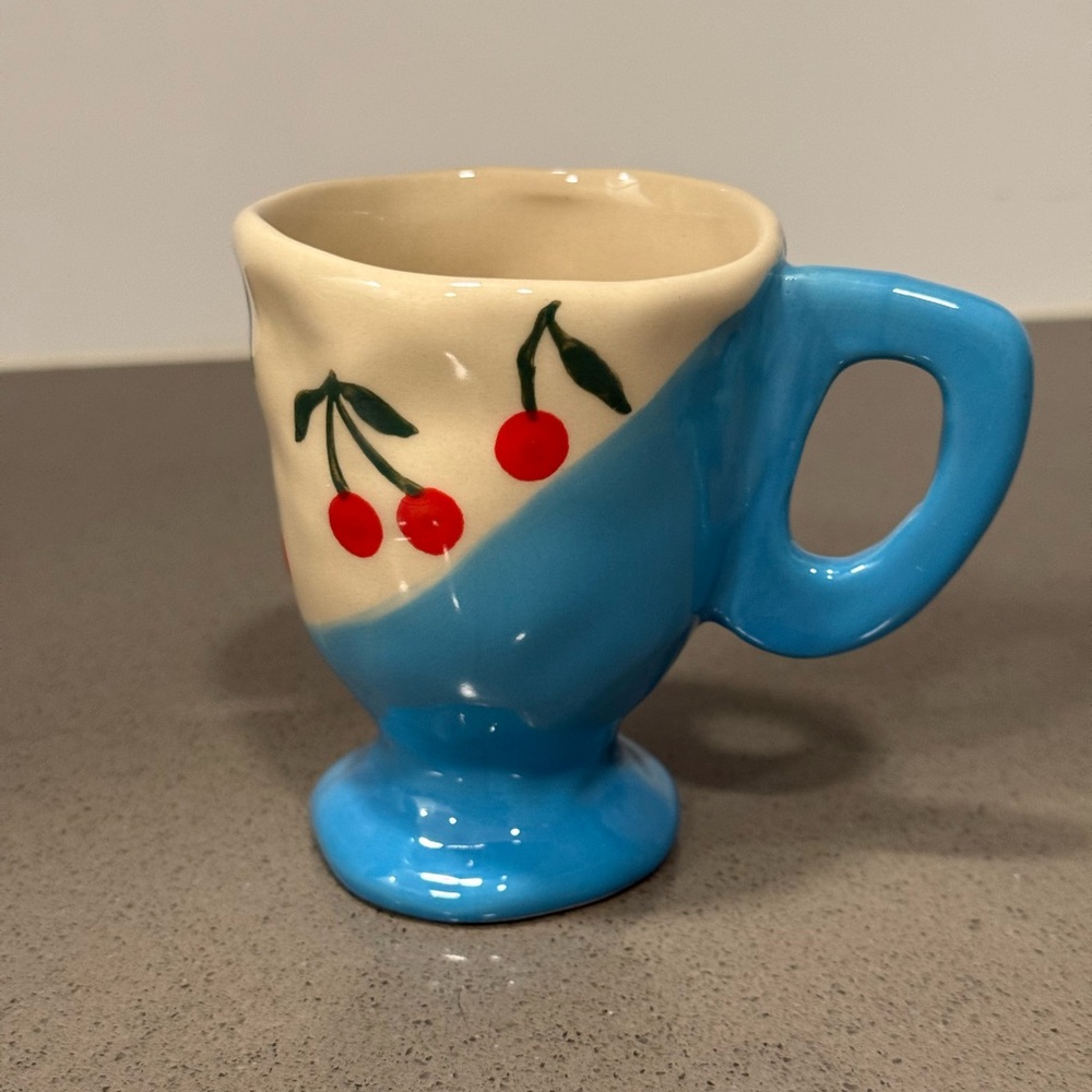 Hand-Painted Cherry Design Blue and Cream Ceramic Espresso Mini Mug/Cup